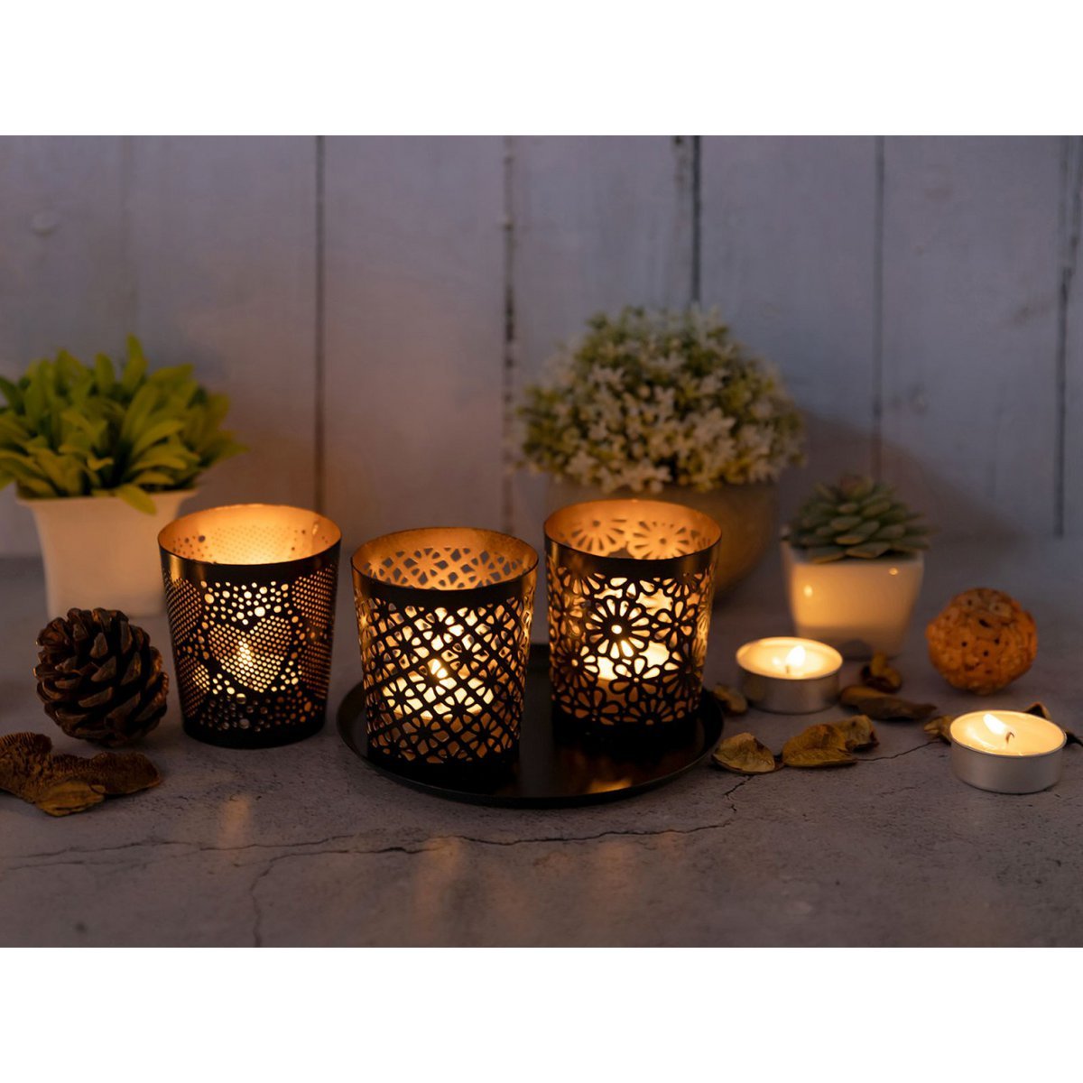 Kerzenhalter 3er Set Masterbox 24x 3teilig Kerzenständer Kreta Teelichthalter rund schwarz gold
