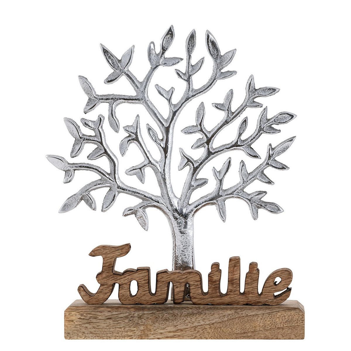 Lebensbaum mit Schriftzug Familie Holzfigur 20x27cm Dekofigur Aluminium Mangoholz